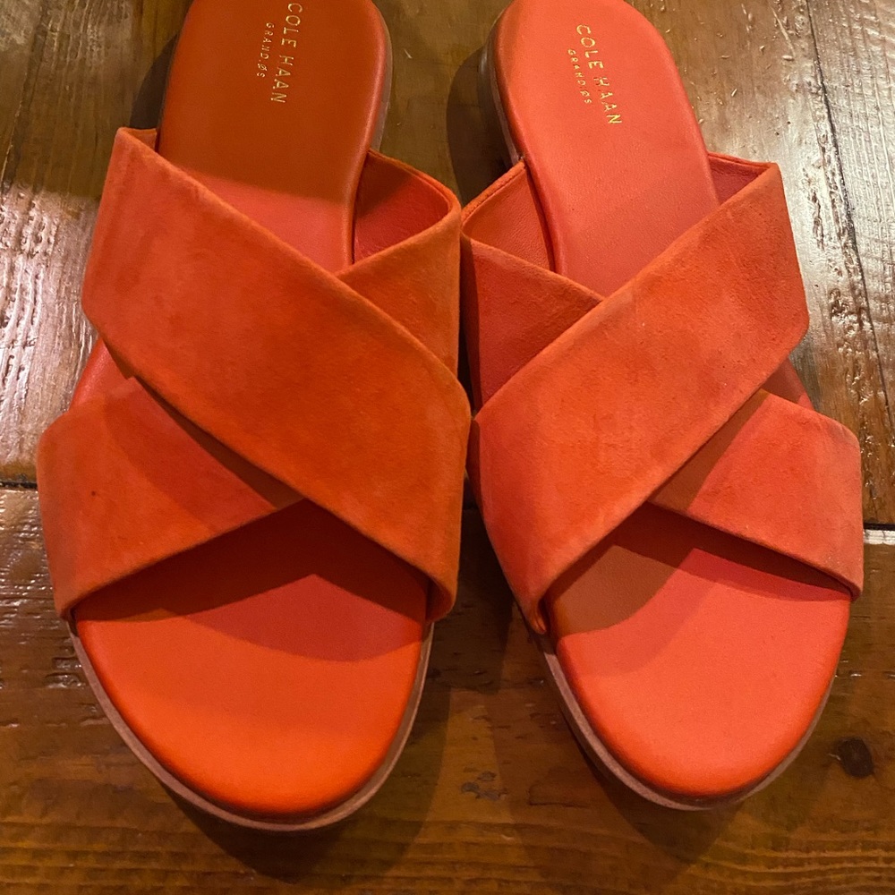 Brand new suede orange cross cross slides